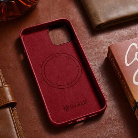 iCarer Case Leather pokrowiec etui z naturalnej skóry do iPhone 14 Plus czerwony (kompatybilne z MagSafe)