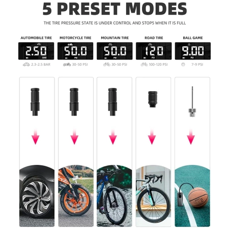 Rockbros 42720001001 Electric Bike Pump with LED Display + USB-C - USB-A Cable - Black