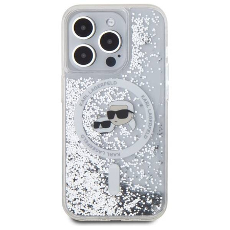 Oryginalne Etui IPHONE 15 PRO MAX Karl Lagerfeld Hardcase Liquid Glitter Karl&Choupette Head MagSafe (KLHMP15XLGKCSGH) transparentne