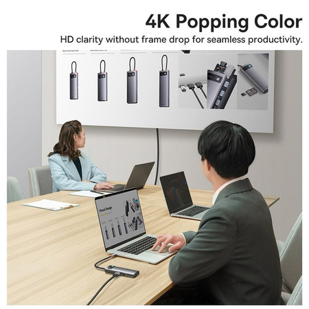 Baseus Metal Gleam Series HUB 7 in 1 USB Type C Docking Station - 1 x HDMI / 1 x VGA / 3 x USB 3.2 Gen. 1/1 x Power Delivery / 1 x RJ-45 Ethernet Gray (WKWG040013)