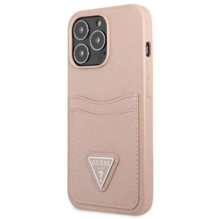 Etui IPHONE 13 PRO Guess Hardcase Saffianotriangle Logo Cardslot (GUHCP13LPSATPP) różowe