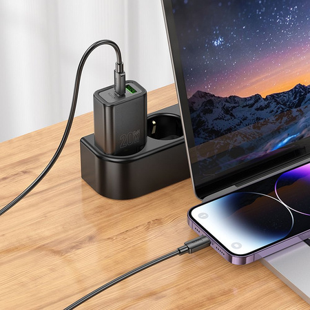 HOCO ładowarka sieciowa USB A + Typ C + kabel Typ C do Typ C PD QC3.0 3A 20W N61 czarna
