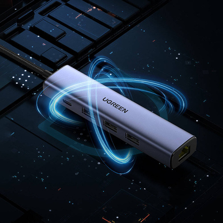 Ugreen wielofunkcyjny adapter HUB USB 3.0 - 3 x USB / Ethernet RJ-45 / USB Typ C PD szary (CM475)
