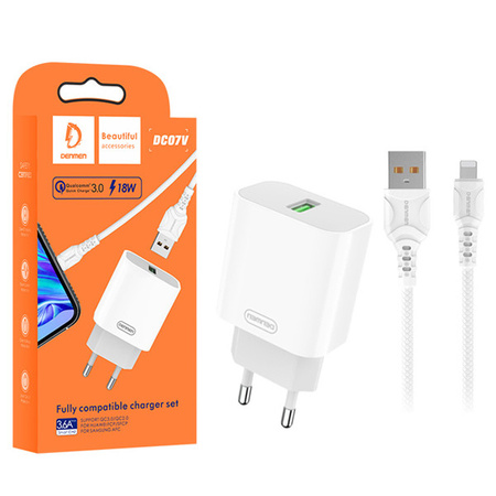 ŁADOWARKA SIECIOWA 3,6A 18W BIAŁA DENMEN + KABEL IPHONE 3600mA FAST CHARGING DC07L