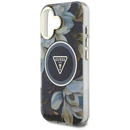 Etui IPHONE 16 Guess Glitter Flowers Triangle Buttons MagSafe czarne
