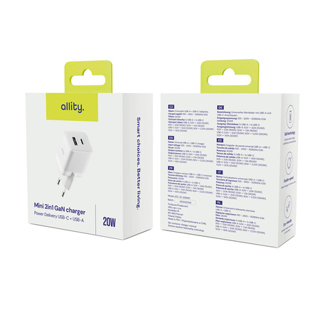 Allity ładowarka sieciowa GaN PD QC ATC-01-20WAC 1x USB-C 1x USB-A 20W biała