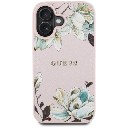 Case IPHONE 16 Guess Grained Printed Flower Pattern MagSafe pink