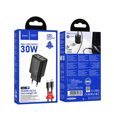 HOCO ładowarka sieciowa USB A + Typ C + kabel Typ C do Lightning PD QC3.0 3A 30W N63 czarna