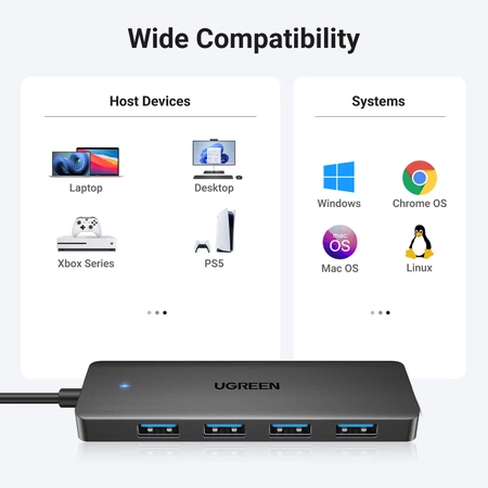 Ugreen CM219 HUB mit 4 USB-A 3.0-Anschlüssen und USB-A 3.0-Kabel – Schwarz