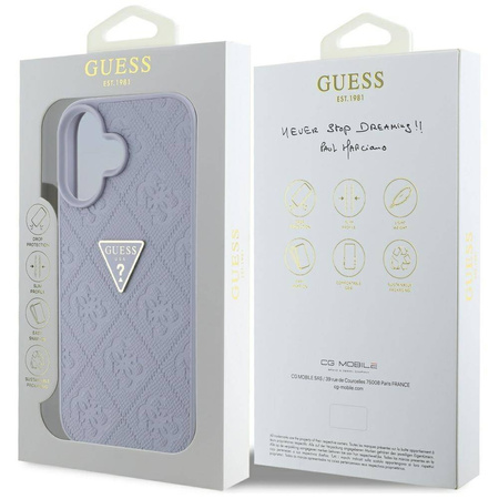Case IPHONE 16 Guess Hot Stamp 4G Pattern Triangle Metal Logo purple