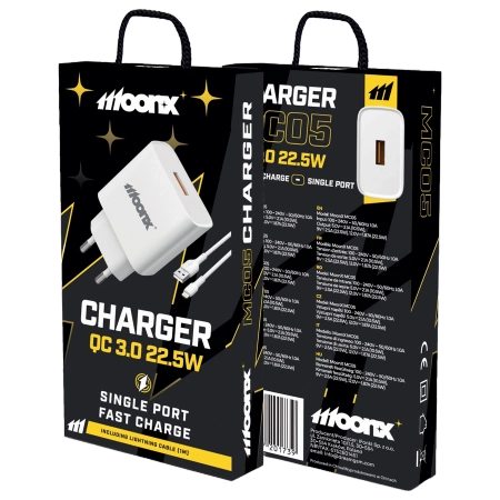 MOONX Netz-Ladegerät MC05 22,5W 1xUSB QC3.0 + Kabel Lightning weiss