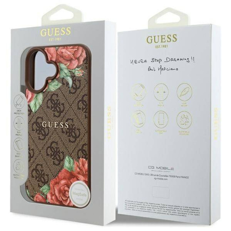 Original Handyhülle IPHONE 16 Guess Hardcase 4G Flowers Print MagSafe (GUHMP16SP4ROPEMCW) braun