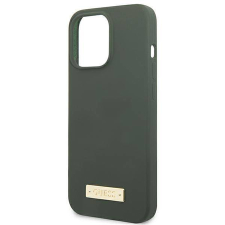 Oryginalne Etui IPHONE 13 PRO MAX Guess Hard Case Silicone Logo Plate MagSafe (GUHMP13XSPLA) zielone