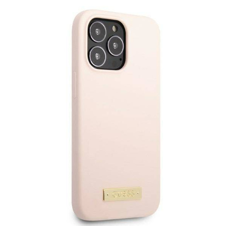Original Case IPHONE 13 PRO MAX Guess Hard Case Silicone Logo Plate MagSafe (GUHMP13XSPLP) pink