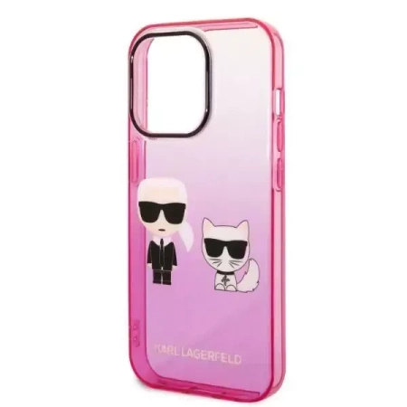 Original Handyhülle IPHONE 14 PLUS Karl Lagerfeld Hardcase Gradient Ikonik Karl & Choupette (KLHCP14MTGKCP) rosa