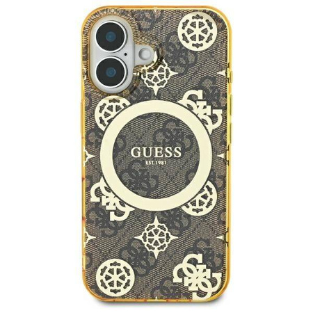 Original Handyhülle IPHONE 16 Guess Hardcase IML Peony On 4G Background MagSafe (GUHMP16SH4PYEEW) braun