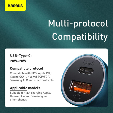 Baseus Golden Contactor Pro szybka ładowarka samochodowa USB Typ C / USB 40 W Power Delivery 3.0 Quick Charge 4+ SCP FCP AFC + kabel USB Typ C - Lightning niebieski (TZCCJD-03)