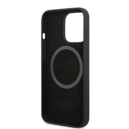 Original Handyhülle IPHONE 13 PRO MAX Guess Hard Case Silicone Logo Plate MagSafe (GUHMP13XSPLK) schwarz