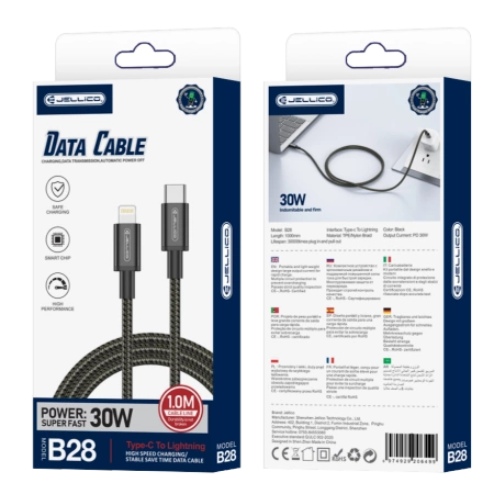 JELLICO cable B28 USB-C - Lightning PD 30W 1M Black