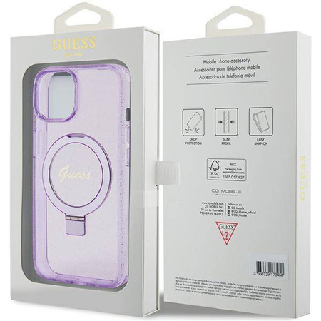 Guess Ring Stand Script Glitter MagSafe Hülle für iPhone 15 Plus / 14 Plus – Lila