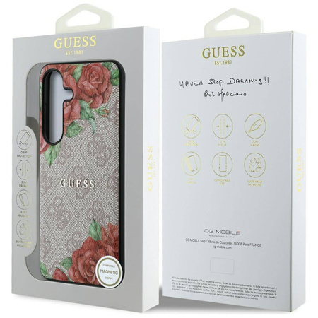 Original Handyhülle SAMSUNG GALAXY S25 Guess Leather 4G Flowers Print Metal Classic Logo MagSafe rosa
