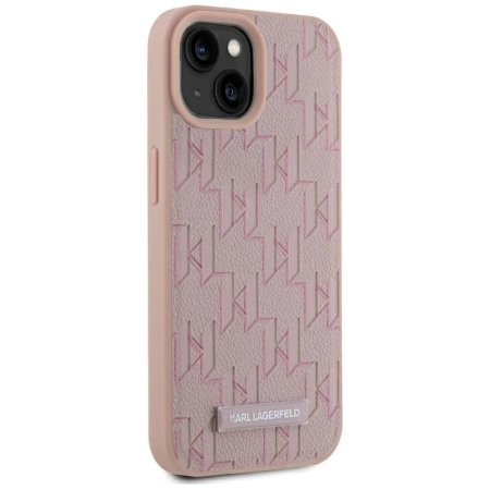 Karl Lagerfeld Leder-Monogramm-Metalllogo MagSafe iPhone 15 Hülle - Rosa