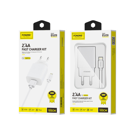 Foneng Ładowarka sieciowa EU28 - USB - 2,4A z kablem USB na Lightning biała
