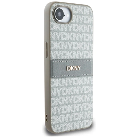 DKNY iPhone 16e Hülle mit wiederholtem Texturmuster und farblich abgestimmten Streifen – Beige