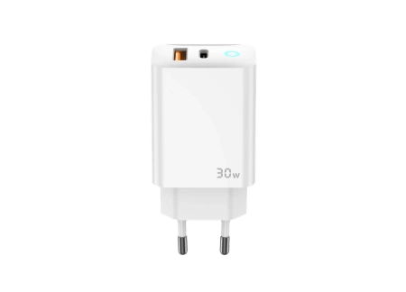 JELLICO ładowarka sieciowa EU13 GaN PD 30W 1xUSB-C + 1xUSB QC3.0 + kabel USB-C - Lightning Biały
