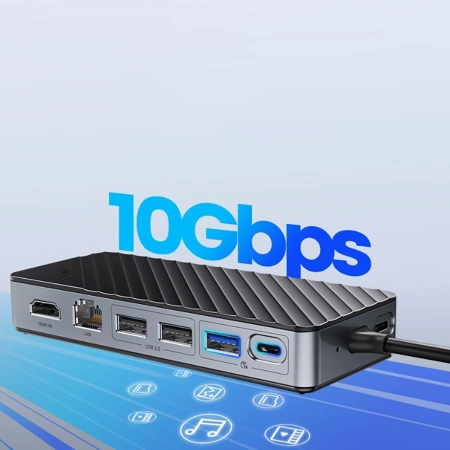 Kieszeń dyskowa M.2 z HUB 8w1 input: USB-C / output: 1x USB-A 3.2 + 1x 1x USB-C 3.2 + 2x USB-A 2.0 + 1x HDMI + 1x Ethernet - czarna