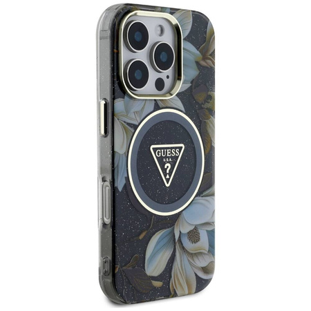 Schutzhülle IPHONE 16 PRO Guess Glitter Flowers Triangle Buttons MagSafe schwarz