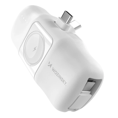 Wozinsky WF16-YCS 5000 mAh 15 W USB-C Mini-Powerbank mit integriertem USB-C-Kabel und Apple Watch Ladegerät – Weiß