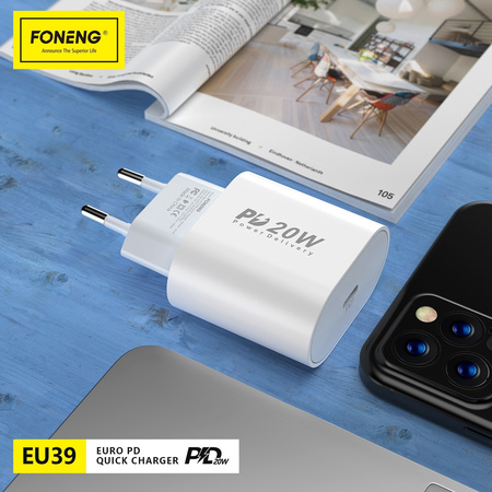 Foneng Ładowarka sieciowa EU39 - Typ C - PD 20W 3A z kablem Typ C na Lightning biała