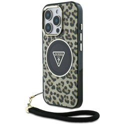 Oryginalne Etui IPHONE 16 PRO Guess HC IML Leopard Triangle Cord Strap brązowe
