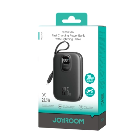 Joyroom JR-PBF18 22,5 W 10000 mAh Powerbank mit integriertem Lightning Kabel + USB-C-Kabel 0,25 cm - Schwarz