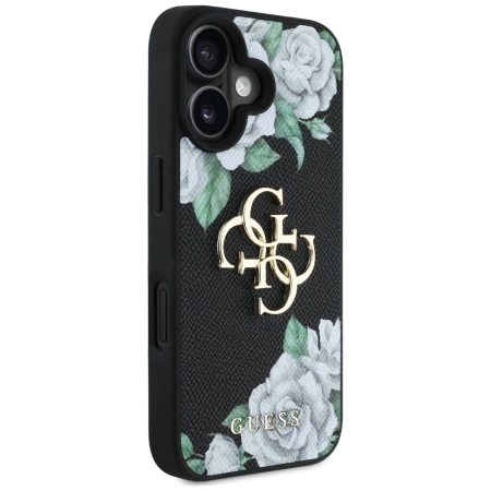 Guess Grained Roses Big 4G Logo Hülle für iPhone 16 - Schwarz