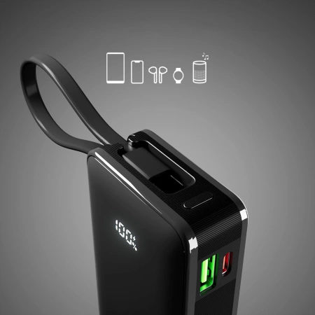 Powerbank SBS 10000 mAh 20W z wbudowanym kablem USB-C i wyświetlaczem cyfrowym - czarny