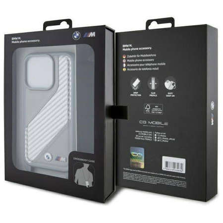 Original Case IPHONE 16 PRO BMW Hardcase M Edition Carbon Stripe & Strap (BMHCP16L23PSCCG) gray
