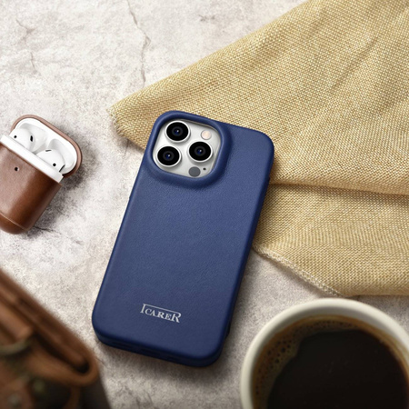iCarer CE Premium Leather Folio Case skórzane etui iPhone 14 Pro Max z klapką magnetyczne MagSafe niebieski (WMI14220716-BU)