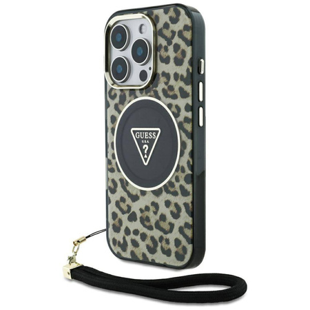 Original Case IPHONE 16 PRO Guess HC IML Leopard Triangle Cord Strap brown