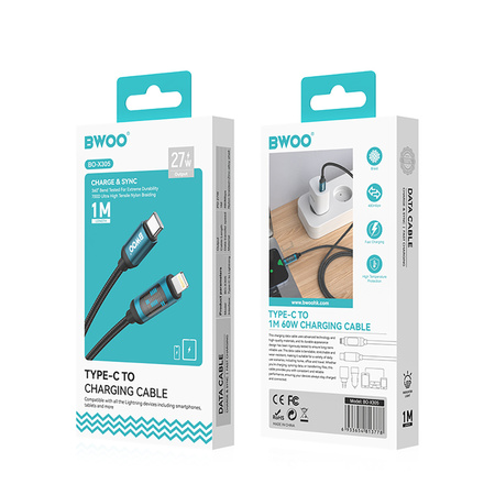 BWOO Pleciony kabel USB-C do Lightning 27W z animowanym podświetleniem, 1m