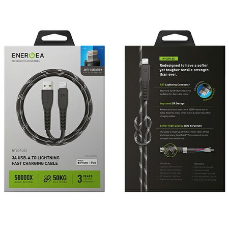 ENERGEA kabel Nyloflex USB - LightningCharge and Sync C89 MFI 1.5m czarny/black