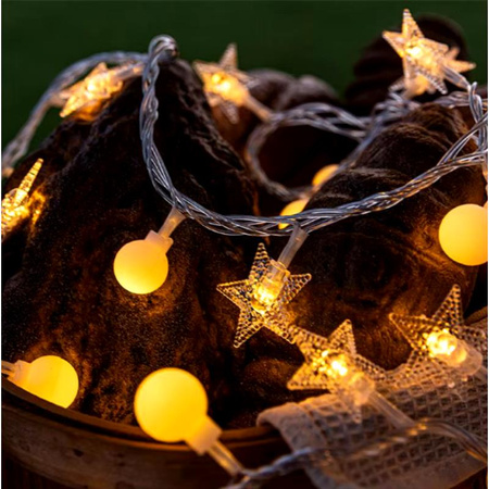 Girlanda 6m (40 lampek LED) USB Gwiazdki + Kulki, CIEPŁY BIAŁY
