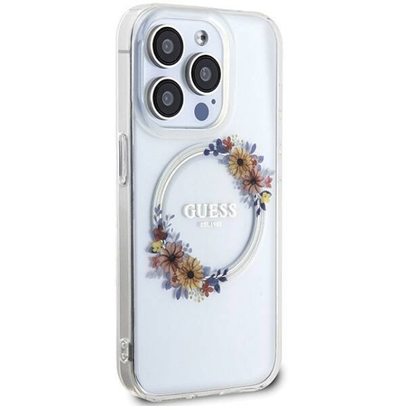 Oryginalne Etui GUESS Hardcase GUHMP15XHFWFCT do iPhone 15 Pro Max (Kompatybilny z Magsafe / Flowers Wreath / transparent)