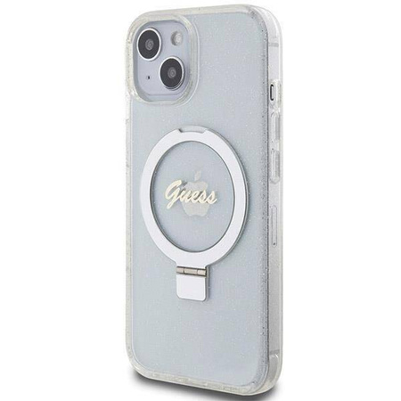 Original Handyhülle IPHONE 13 / 14 / 15 Guess Hardcase Ring Stand Script Glitter MagSafe (GUHMP15SHRSGSD) transparent