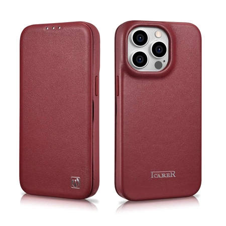 iCarer CE Premium Leather Folio Case skórzane etui iPhone 14 Pro z klapką magnetyczne MagSafe czerwony (WMI14220714-RD)