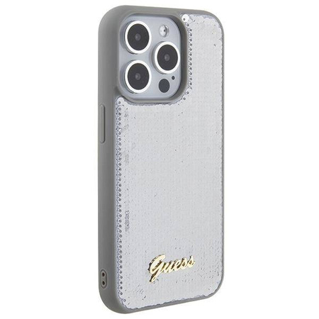 Guess Pailletten-Schriftzug-Metallgehäuse für iPhone 15 Pro Max – Silber
