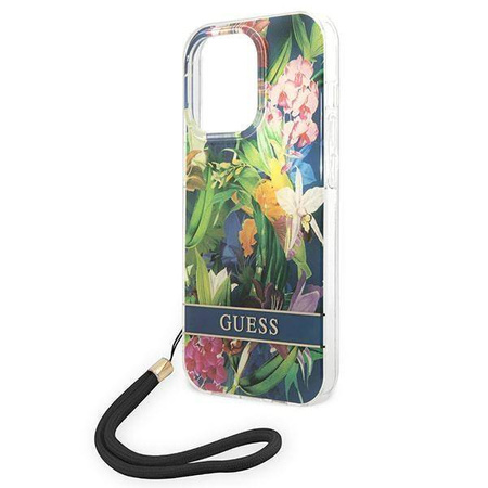 Oryginalne Etui IPHONE 14 PRO Guess Hardcase Flower Strap (GUOHCP14LHFLSB) niebieskie