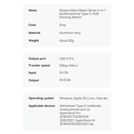 Stacja dokująca HUB Baseus Metal Gleam Series 4 w 1 USB Typ C - 4 x USB 3.2 Gen. 1 (WKWG070013)