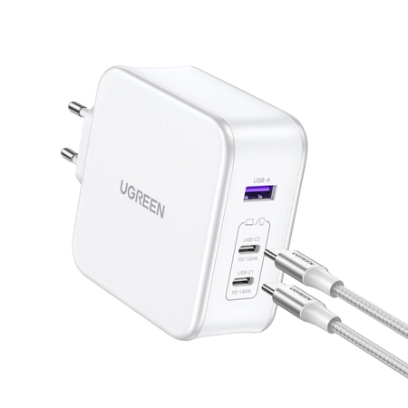 Ugreen Nexode CD289 GaN-Netzwerkladegerät USB-A/2xUSB-C 140 W + USB-C – USB-C-Kabel 1,5 m – Weiß